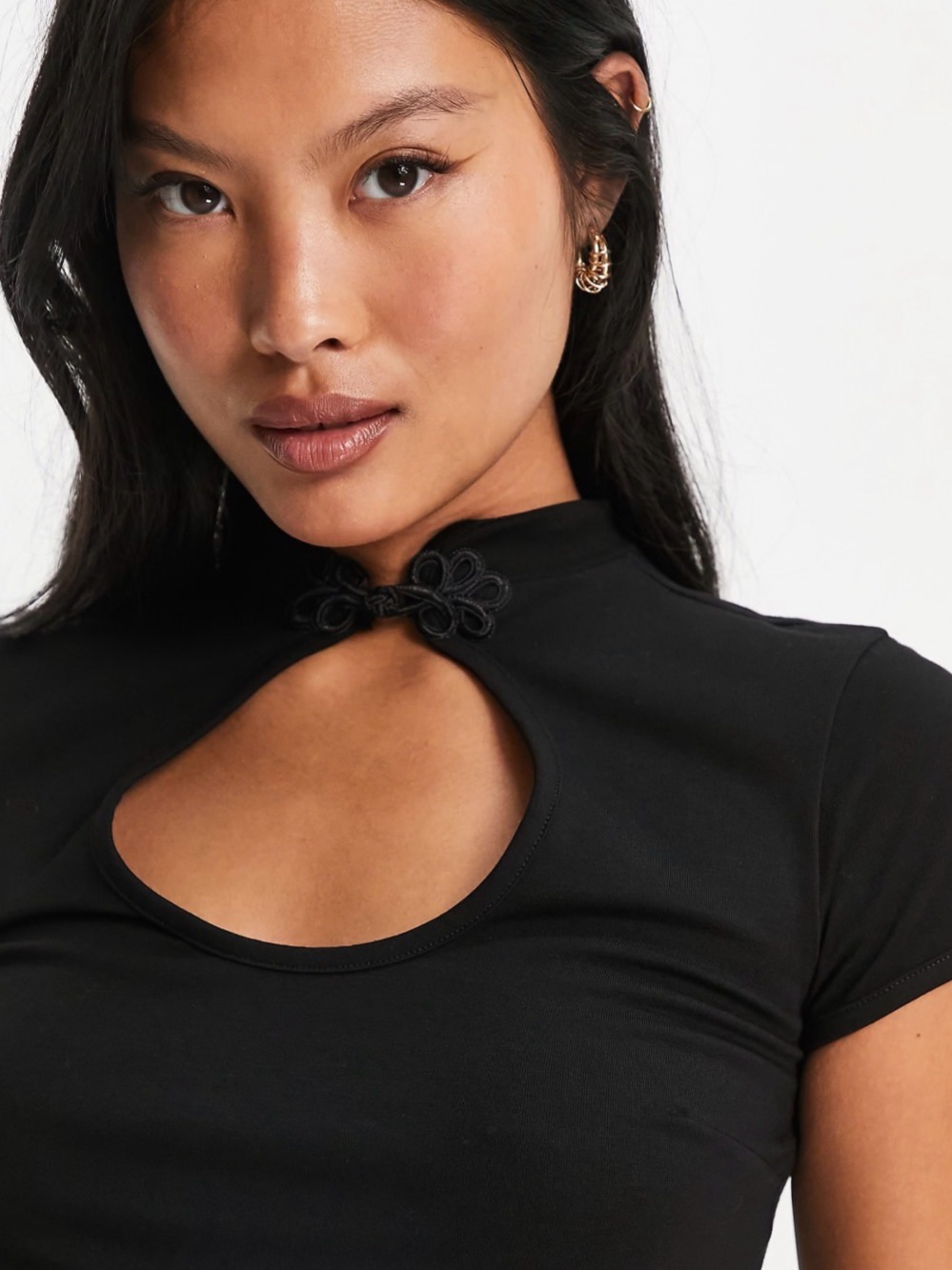 ASOS Petite Black Keyhole Crop Top with Frog Closure